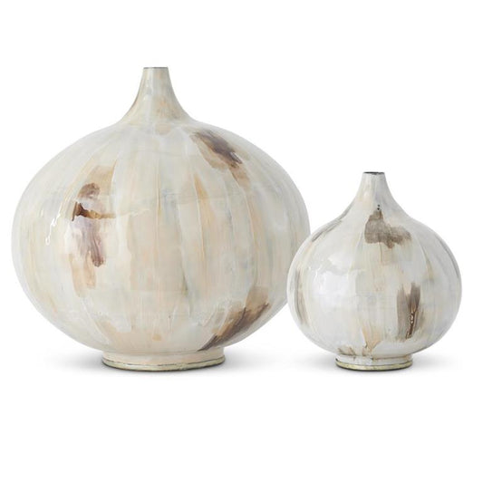 Set of 2 Cream & Brown Enameled Round Metal Vases