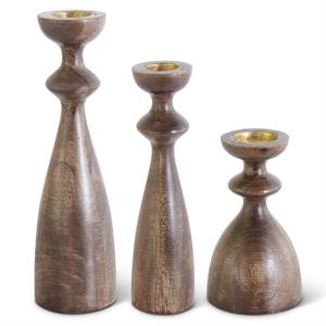 Set of 3 Brown Wood Hourglass Shaped Candleholders