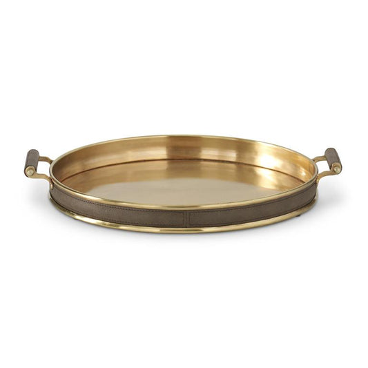 18.5 Inch Gold Metal Round Double Handle Tray w/Brow
