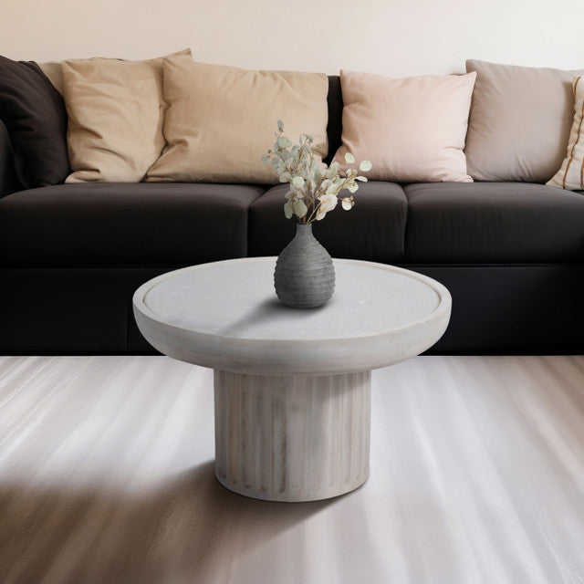 30" Carved Wood Base Marble Top, Whitewash Coffee Table