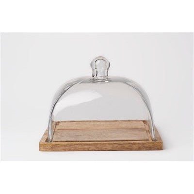 MANGO WOOD & GLASS SQ. FOOD DOME/PLATE